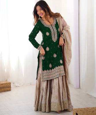 Dark Green Color Coding,Sequence With Pearl Work Chinon Silk Top Bottom Dupatta Set 1