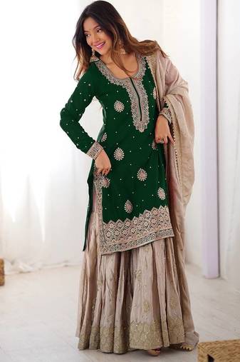 Dark Green Color Coding,Sequence With Pearl Work Chinon Silk Top Bottom Dupatta Set