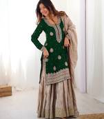 Dark Green Color Coding,Sequence With Pearl Work Chinon Silk Top Bottom Dupatta Set