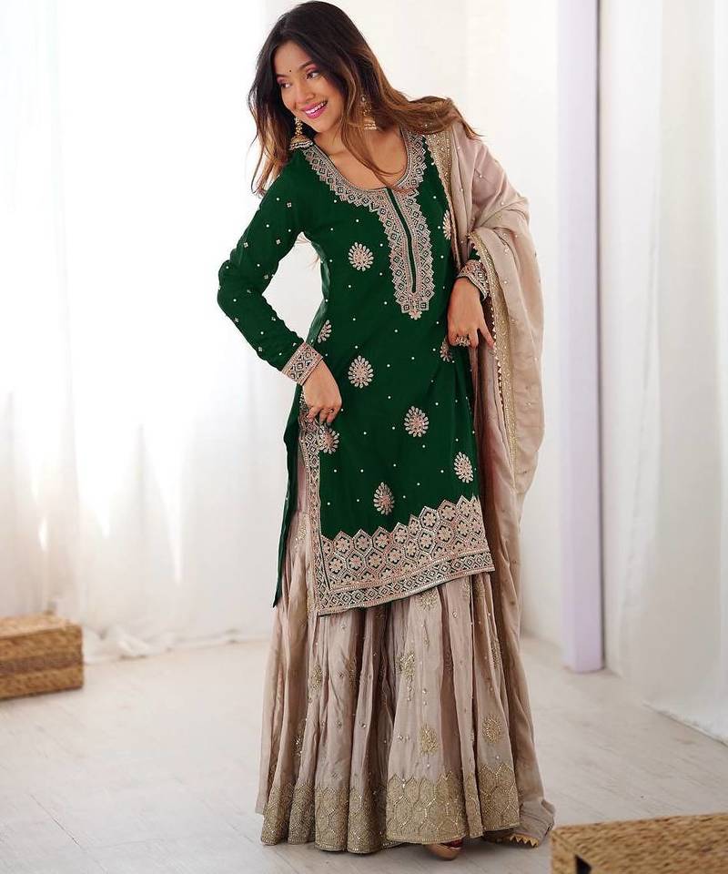 Dark Green Color Coding,Sequence With Pearl Work Chinon Silk Top Bottom Dupatta Set