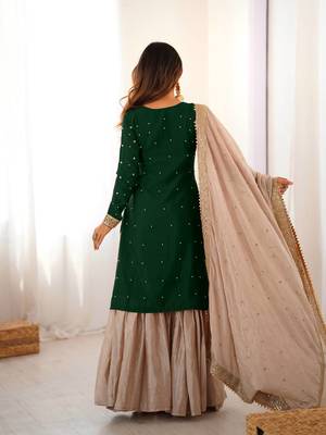 Dark Green Color Coding,Sequence With Pearl Work Chinon Silk Top Bottom Dupatta Set 4