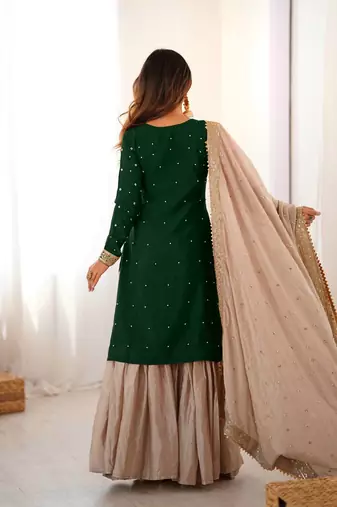 Dark Green Color Coding,Sequence With Pearl Work Chinon Silk Top Bottom Dupatta Set
