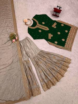Dark Green Color Coding,Sequence With Pearl Work Chinon Silk Top Bottom Dupatta Set 5