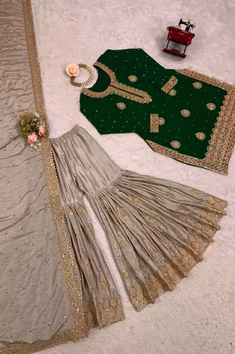 Dark Green Color Coding,Sequence With Pearl Work Chinon Silk Top Bottom Dupatta Set