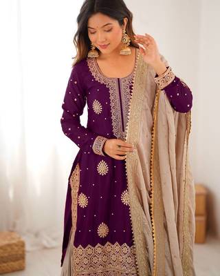 plum Color Coding,Sequence With Pearl Work Chinon Silk Top Bottom Dupatta Set 2