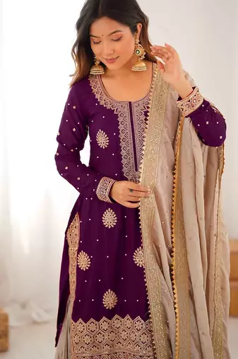 plum Color Coding,Sequence With Pearl Work Chinon Silk Top Bottom Dupatta Set