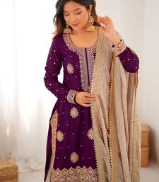 plum Color Coding,Sequence With Pearl Work Chinon Silk Top Bottom Dupatta Set