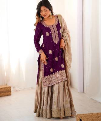 plum Color Coding,Sequence With Pearl Work Chinon Silk Top Bottom Dupatta Set 1