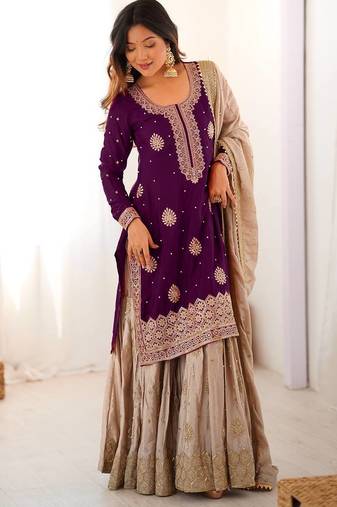 plum Color Coding,Sequence With Pearl Work Chinon Silk Top Bottom Dupatta Set