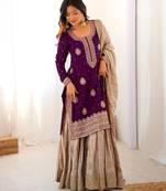 plum Color Coding,Sequence With Pearl Work Chinon Silk Top Bottom Dupatta Set