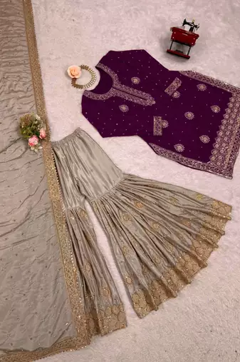 plum Color Coding,Sequence With Pearl Work Chinon Silk Top Bottom Dupatta Set