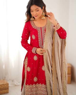 Red Color Coding,Sequence With Pearl Work Chinon Silk Top Bottom Dupatta Set 2