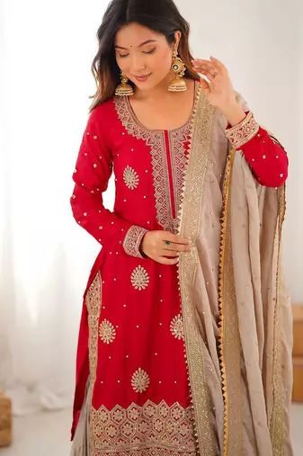 Red Color Coding,Sequence With Pearl Work Chinon Silk Top Bottom Dupatta Set