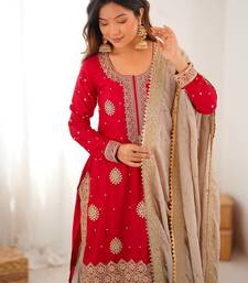 Red Color Coding,Sequence With Pearl Work Chinon Silk Top Bottom Dupatta Set