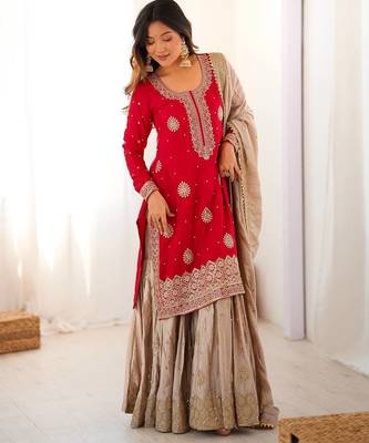 Red Color Coding,Sequence With Pearl Work Chinon Silk Top Bottom Dupatta Set 1