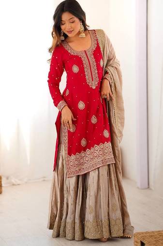 Red Color Coding,Sequence With Pearl Work Chinon Silk Top Bottom Dupatta Set