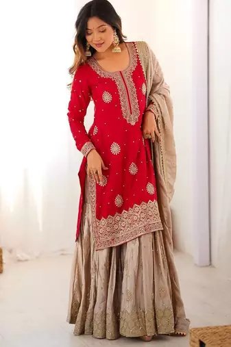 Red Color Coding,Sequence With Pearl Work Chinon Silk Top Bottom Dupatta Set