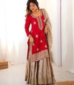 Red Color Coding,Sequence With Pearl Work Chinon Silk Top Bottom Dupatta Set