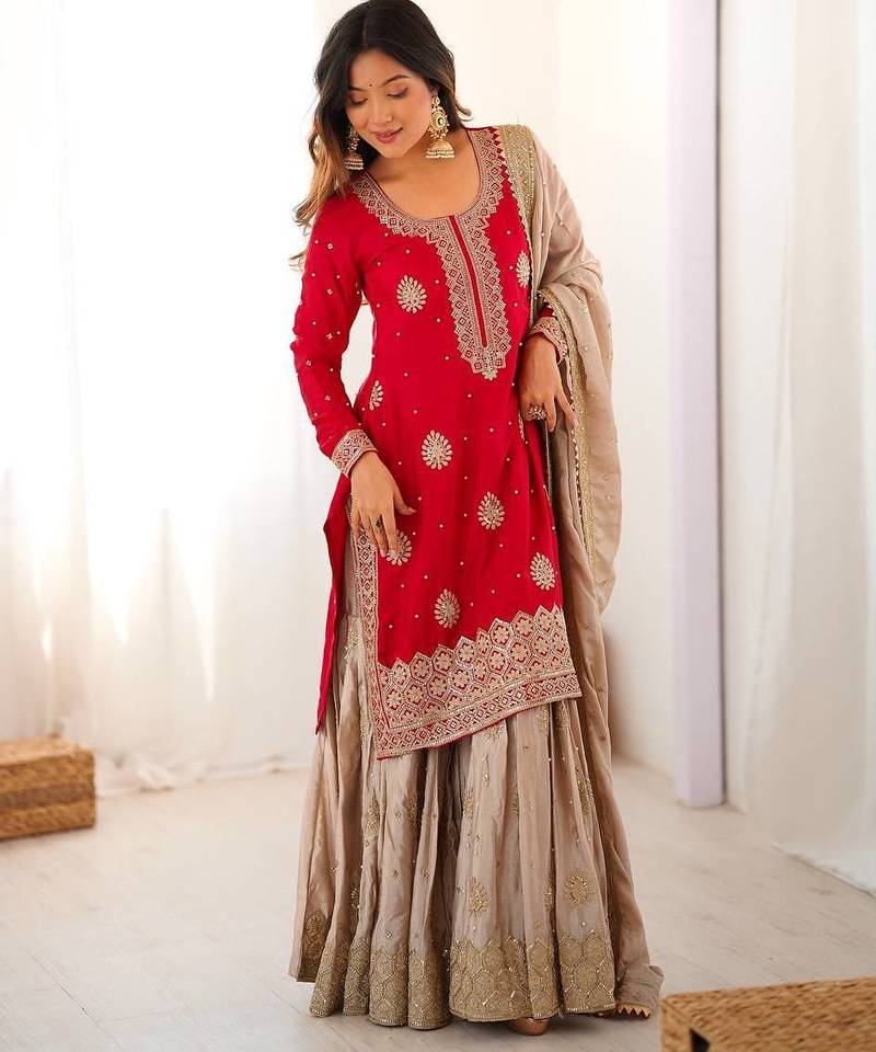 Red Color Coding,Sequence With Pearl Work Chinon Silk Top Bottom Dupatta Set