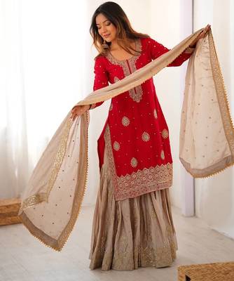 Red Color Coding,Sequence With Pearl Work Chinon Silk Top Bottom Dupatta Set 3