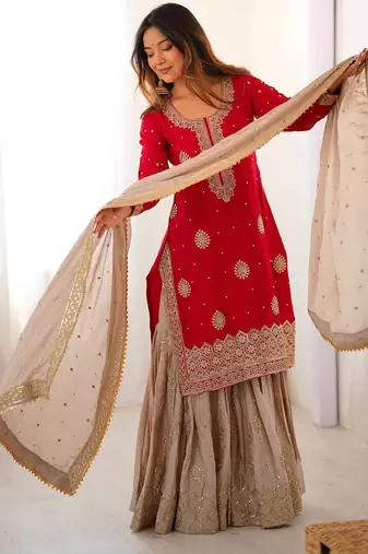 Red Color Coding,Sequence With Pearl Work Chinon Silk Top Bottom Dupatta Set