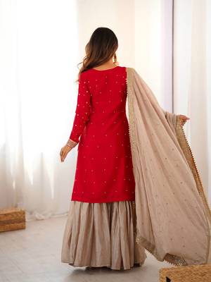 Red Color Coding,Sequence With Pearl Work Chinon Silk Top Bottom Dupatta Set 4