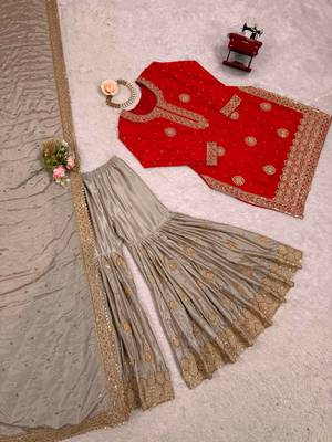 Red Color Coding,Sequence With Pearl Work Chinon Silk Top Bottom Dupatta Set 5