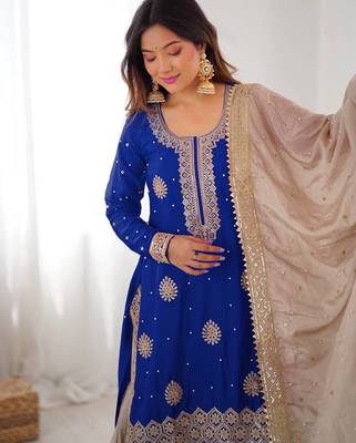 Royal Blue Color Coding,Sequence With Pearl Work Chinon Silk Top Bottom Dupatta Set 2