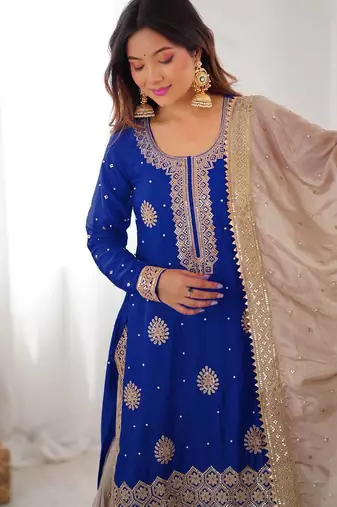 Royal Blue Color Coding,Sequence With Pearl Work Chinon Silk Top Bottom Dupatta Set