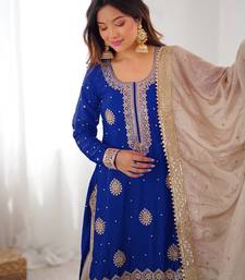 Royal Blue Color Coding,Sequence With Pearl Work Chinon Silk Top Bottom Dupatta Set