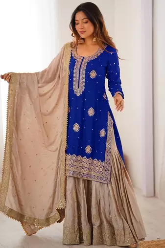 Royal Blue Color Coding,Sequence With Pearl Work Chinon Silk Top Bottom Dupatta Set