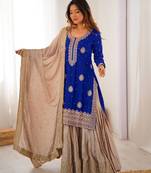 Royal Blue Color Coding,Sequence With Pearl Work Chinon Silk Top Bottom Dupatta Set