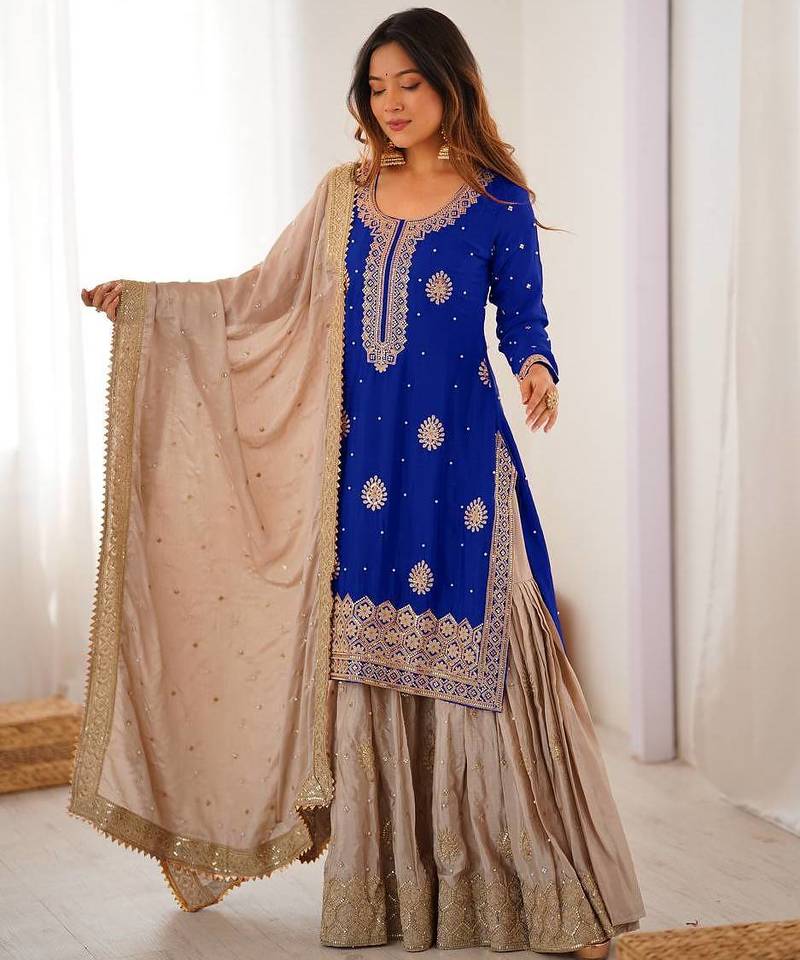 Royal Blue Color Coding,Sequence With Pearl Work Chinon Silk Top Bottom Dupatta Set