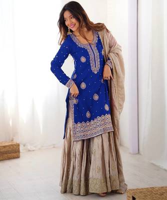 Royal Blue Color Coding,Sequence With Pearl Work Chinon Silk Top Bottom Dupatta Set 3