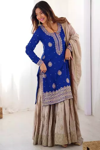 Royal Blue Color Coding,Sequence With Pearl Work Chinon Silk Top Bottom Dupatta Set