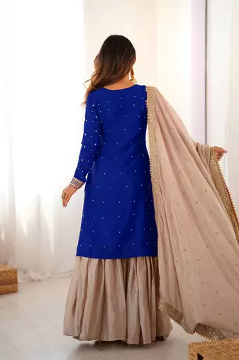 Royal Blue Color Coding,Sequence With Pearl Work Chinon Silk Top Bottom Dupatta Set