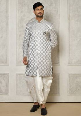 Grey dupion arts silk anghrakha design with hand work on collar and buttons indo western 5