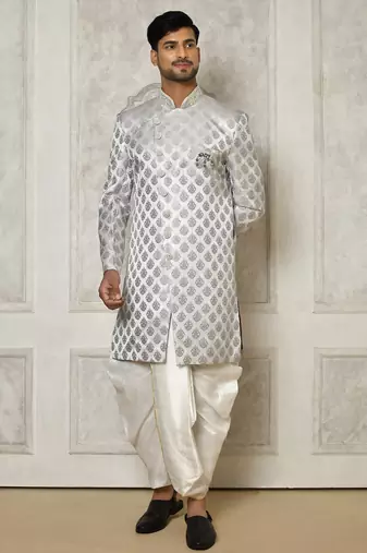 Grey dupion arts silk anghrakha design with hand work on collar and buttons indo western