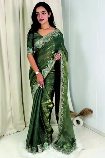 Green silk saree with embroidery