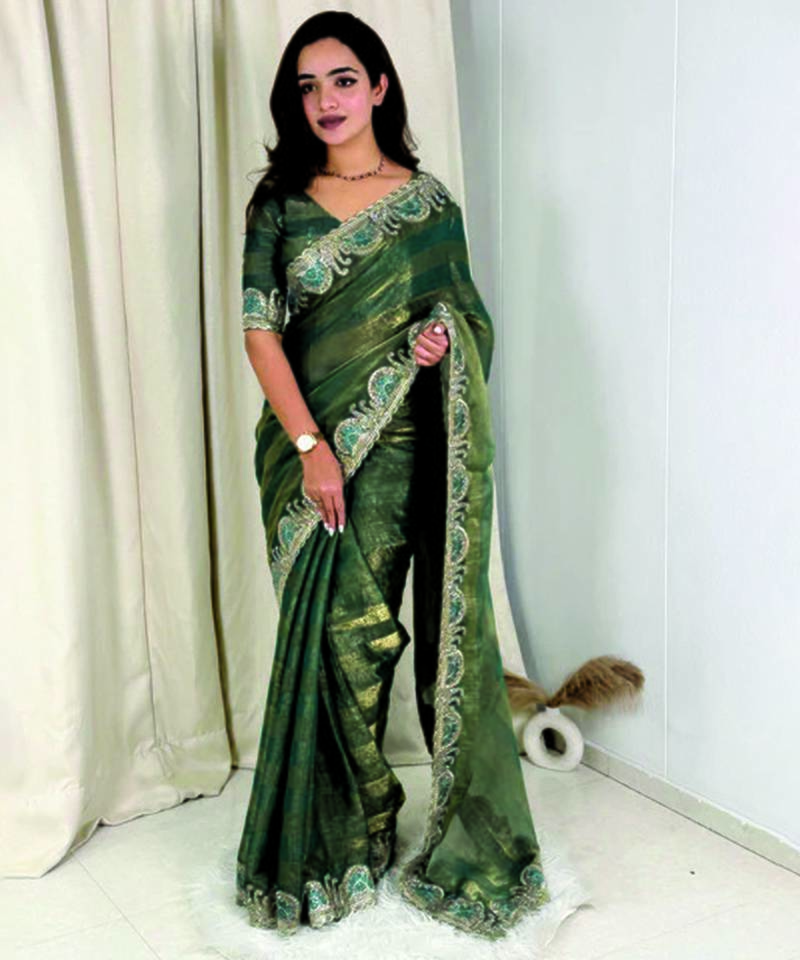Green silk saree with embroidery