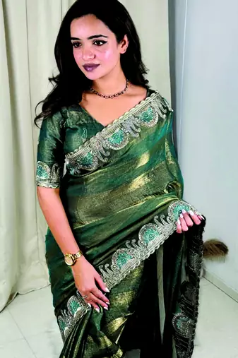 Green silk saree with embroidery