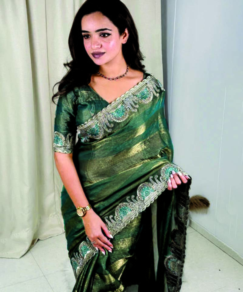 Green silk saree with embroidery