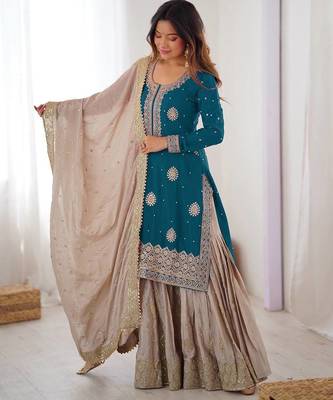 Teal Color Coding,Sequence With Pearl Work Chinon Silk Top Bottom Dupatta Set 1
