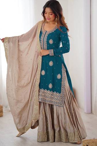 Teal Color Coding,Sequence With Pearl Work Chinon Silk Top Bottom Dupatta Set