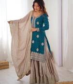 Teal Color Coding,Sequence With Pearl Work Chinon Silk Top Bottom Dupatta Set