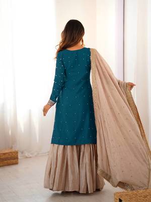 Teal Color Coding,Sequence With Pearl Work Chinon Silk Top Bottom Dupatta Set 4