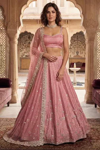 Light Pink Embroidered satin Lehenga