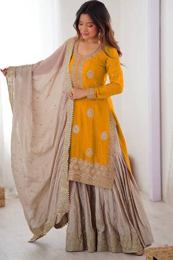 Yellow Color Coding,Sequence With Pearl Work Chinon Silk Top Bottom Dupatta Set