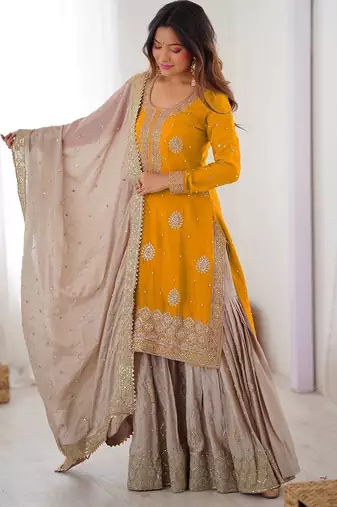 Yellow Color Coding,Sequence With Pearl Work Chinon Silk Top Bottom Dupatta Set