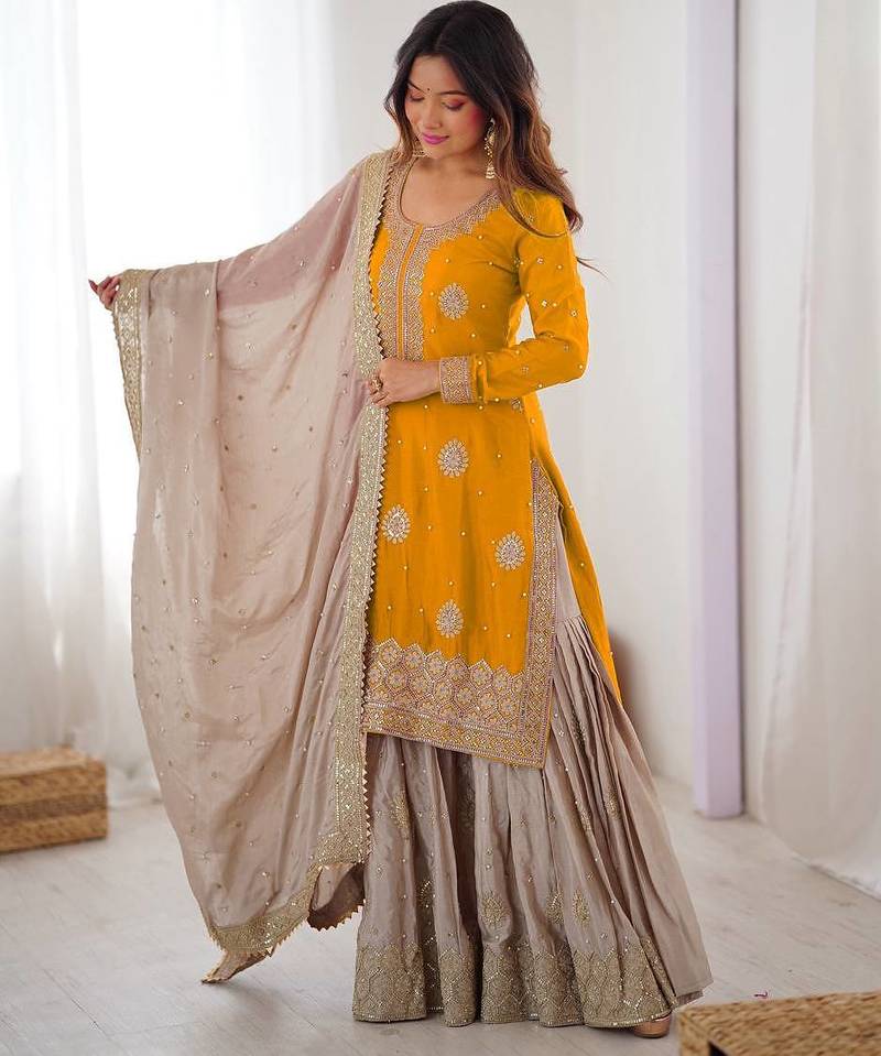 Yellow Color Coding,Sequence With Pearl Work Chinon Silk Top Bottom Dupatta Set